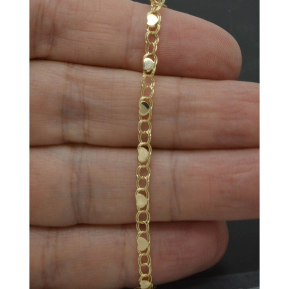 10k Yellow Solid Gold Mirrored Heart Link Chain Charm Bracelet 9